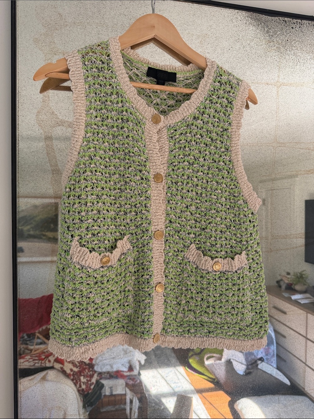 Zara Green Knit Button-Up Vest with Cream Trim